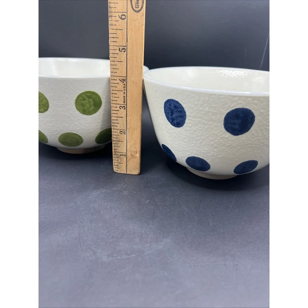 2pc Set World Market Ceramic Noodle Bowl Polka Dot Blue & Green